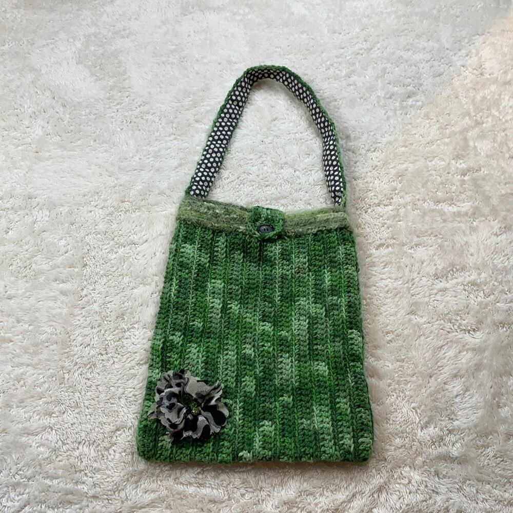 Handmade green crochet and fabric flower‎ tote bag